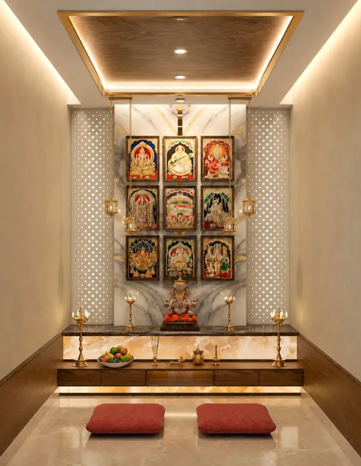 Pooja unit — marble backdrop, brass deity frames