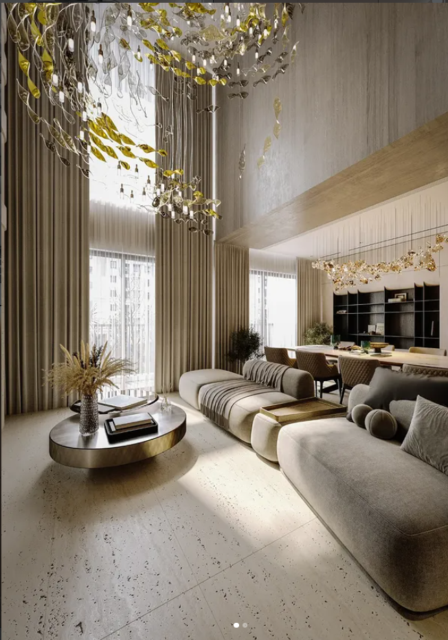 Double-height living — sculptural pendant over dining