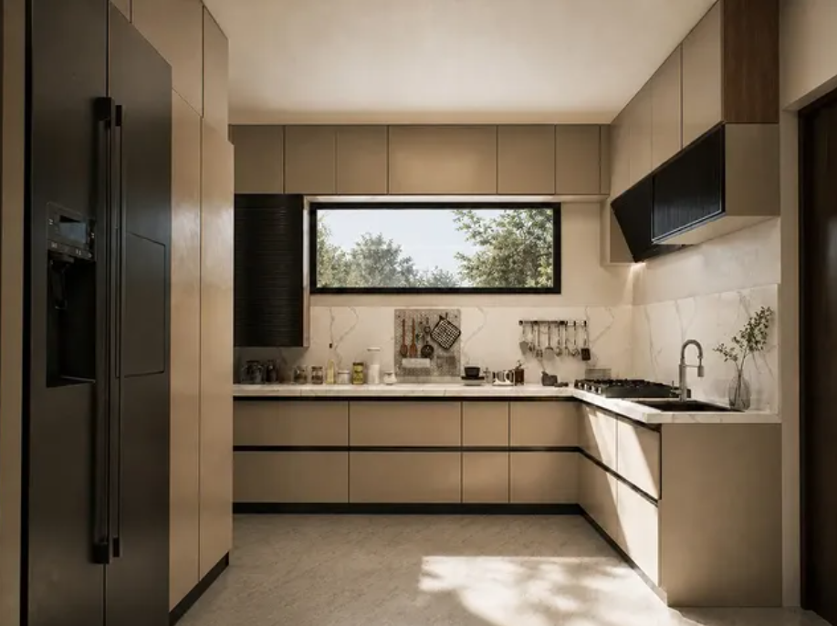 U-shaped kitchen — walnut cabinetry, marble backsplash